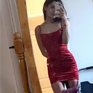 Oh Polly Lace Trim Satin Mini Dress in Red